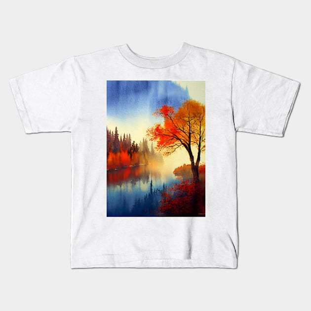 Colorful Autumn Landscape Watercolor 7 Kids T-Shirt by redwitchart